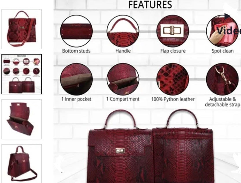 Grand Pelle Collection Genuine Python Leather Red Handbag / Satchel