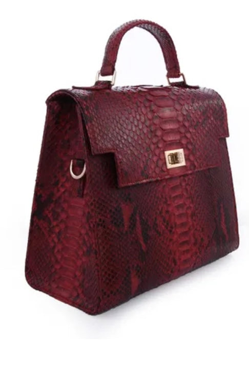 Grand Pelle Collection Genuine Python Leather Red Handbag / Satchel