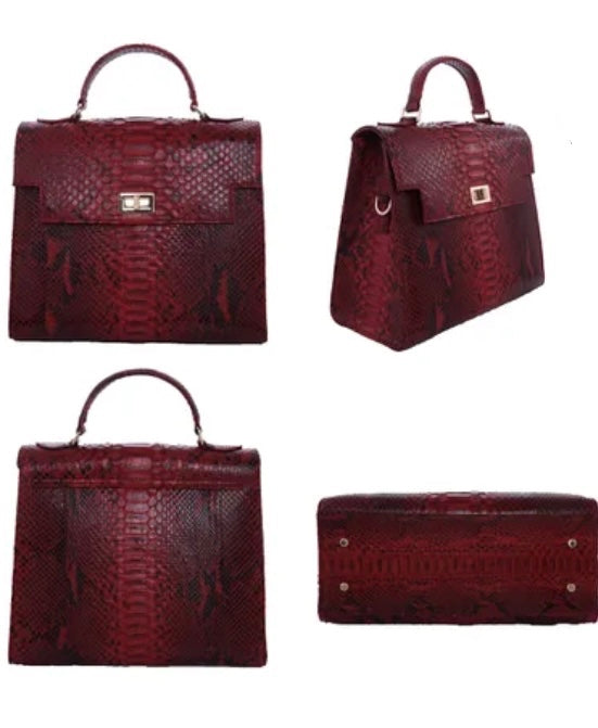 Grand Pelle Collection Genuine Python Leather Red Handbag / Satchel