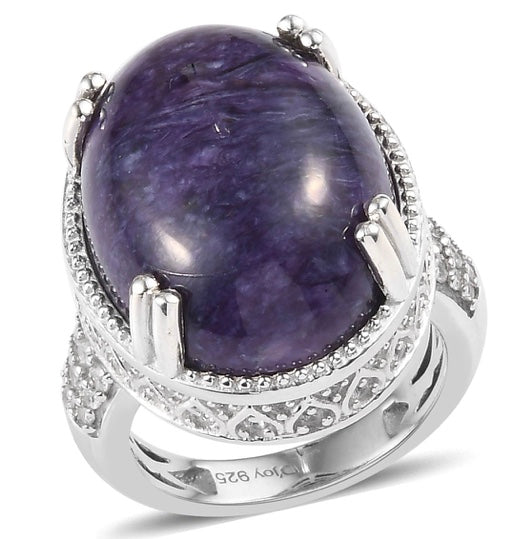 Charoite & White Zircon 925 Sterling Silver Ring