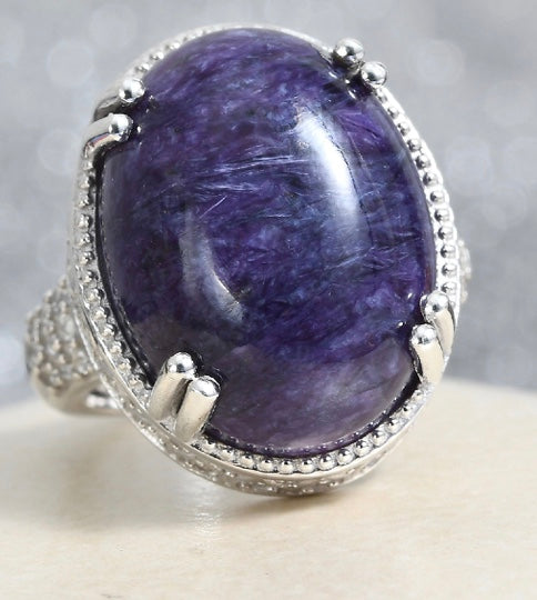 Charoite & White Zircon 925 Sterling Silver Ring