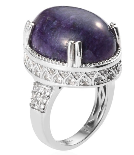 Charoite & White Zircon 925 Sterling Silver Ring