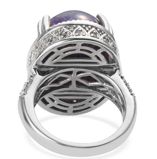Charoite & White Zircon 925 Sterling Silver Ring