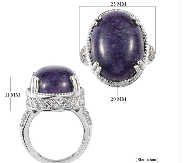 Charoite & White Zircon 925 Sterling Silver Ring