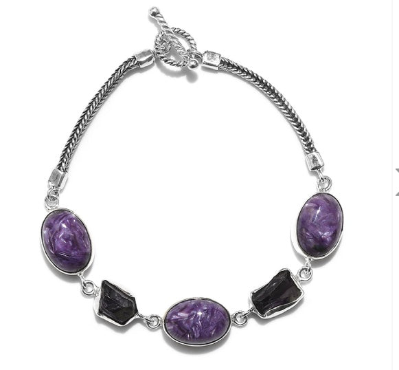 Charoite & Amethyst Bracelet 925 Sterling Silver