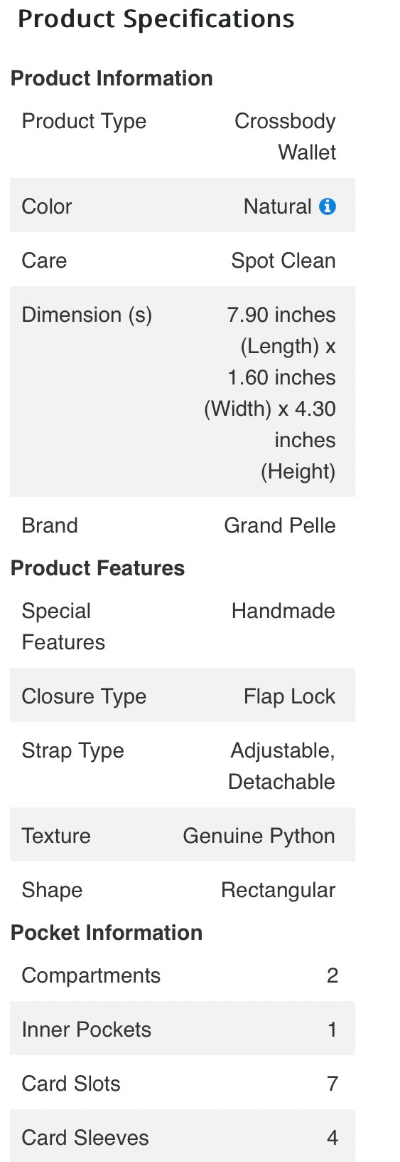 Grand Pelle Genuine Python Crossbody Wallet Handbag