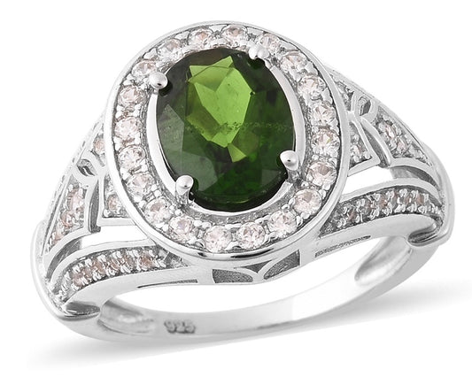 Siberian Chrome Diopside & White Zircon Ring