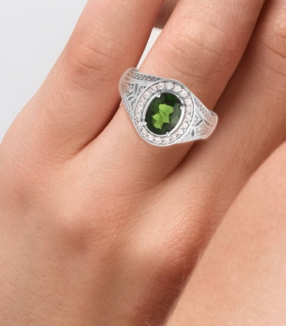 Siberian Chrome Diopside & White Zircon Ring