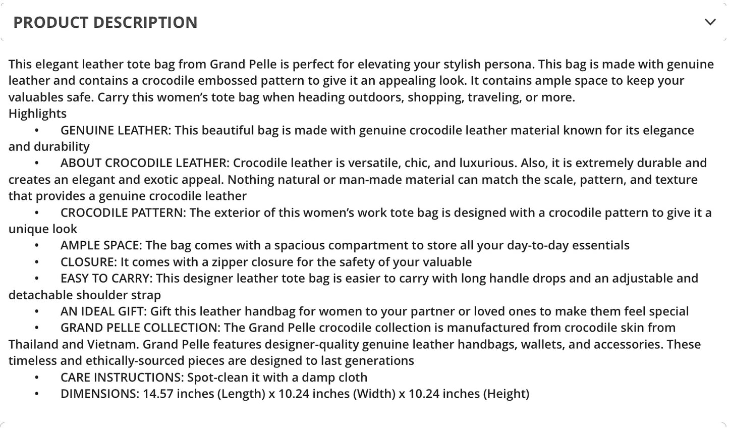Grand Pelle Collection Natural Color Genuine Crocodile Handbag