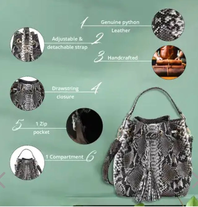 Grand Pelle Handcrafted Genuine Python Bucket Handbag
