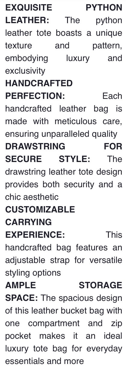 Grand Pelle Handcrafted Genuine Python Bucket Handbag