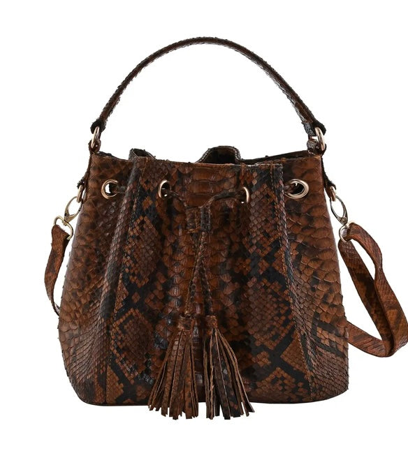 Grand Pelle Handcrafted Genuine Python Bucket Handbag