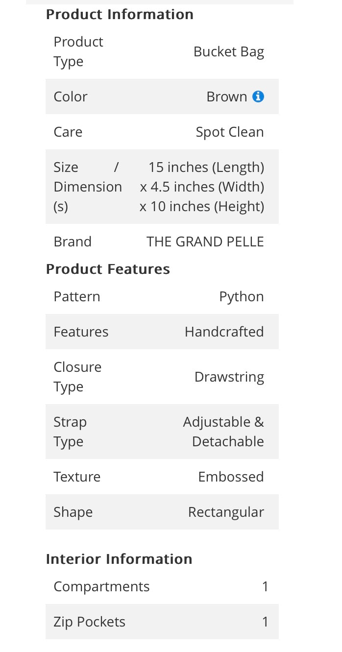Grand Pelle Handcrafted Genuine Python Bucket Handbag