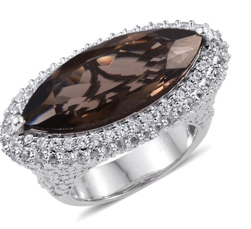 Brazilian Smokey Quartz and White Zircon Ring
