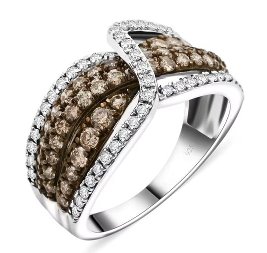 Natural Champagne And White Diamond Sterling Silver Ring