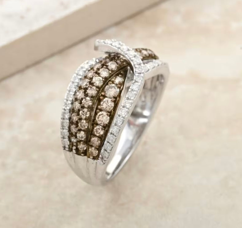 Natural Champagne And White Diamond Sterling Silver Ring