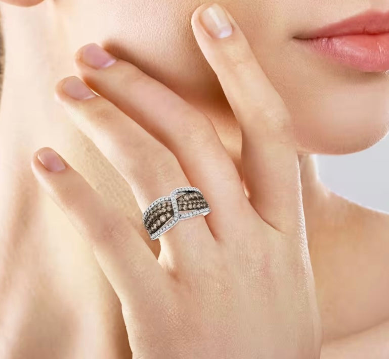 Natural Champagne And White Diamond Sterling Silver Ring