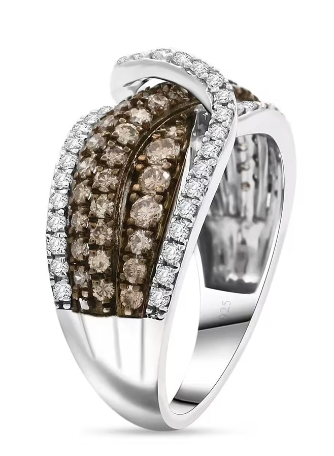 Natural Champagne And White Diamond Sterling Silver Ring