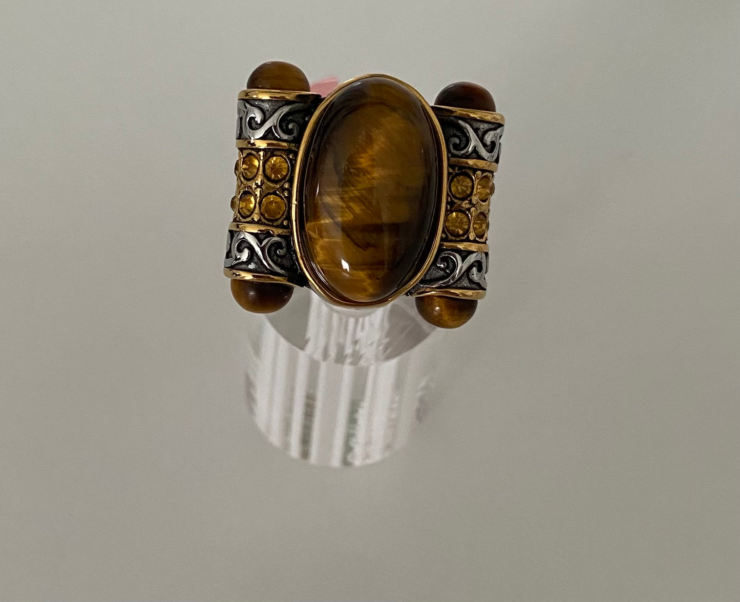 Tiger's Eye & Austrian Chrystals Stainless Steel Ring