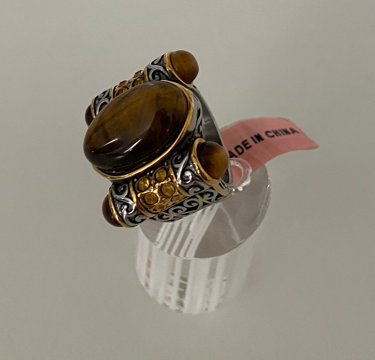 Tiger's Eye & Austrian Chrystals Stainless Steel Ring