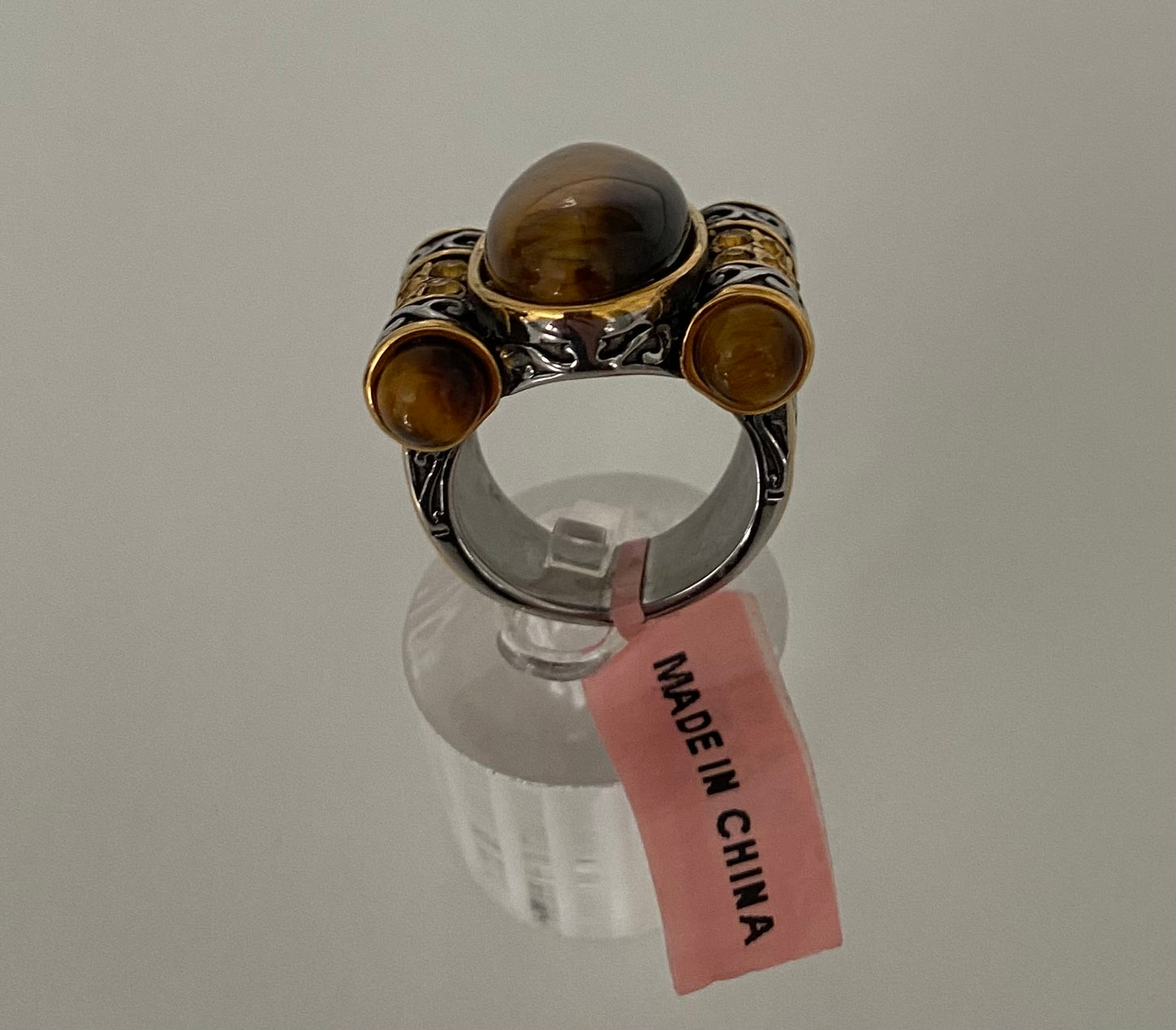 Tiger's Eye & Austrian Chrystals Stainless Steel Ring
