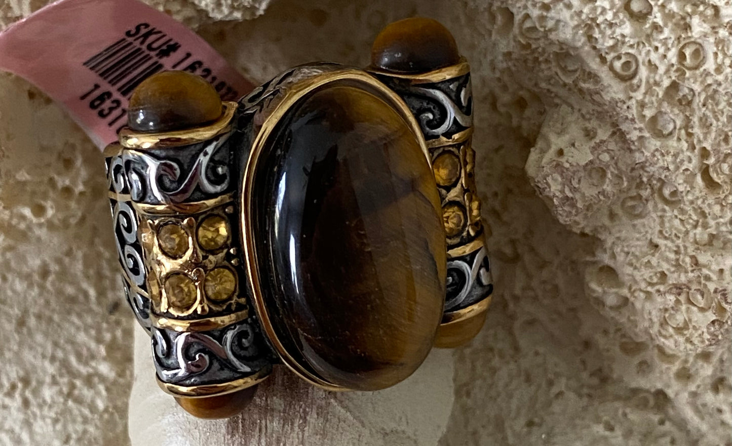 Tiger's Eye & Austrian Chrystals Stainless Steel Ring