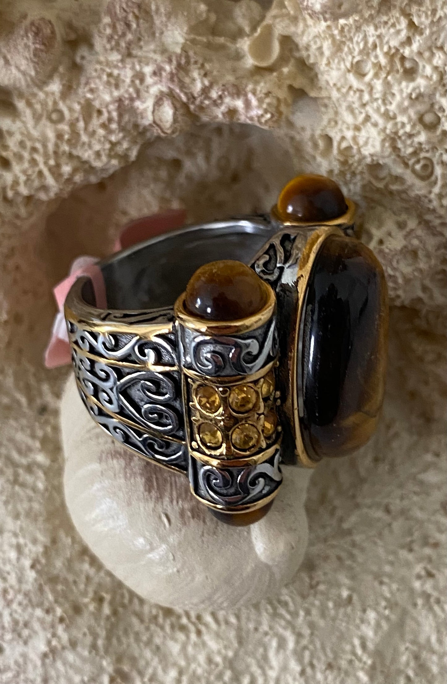 Tiger's Eye & Austrian Chrystals Stainless Steel Ring