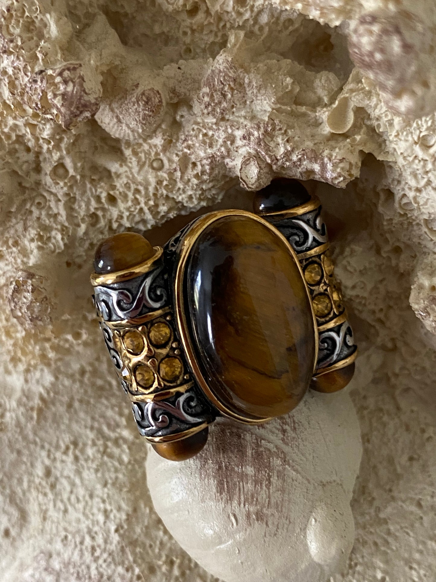 Tiger's Eye & Austrian Chrystals Stainless Steel Ring