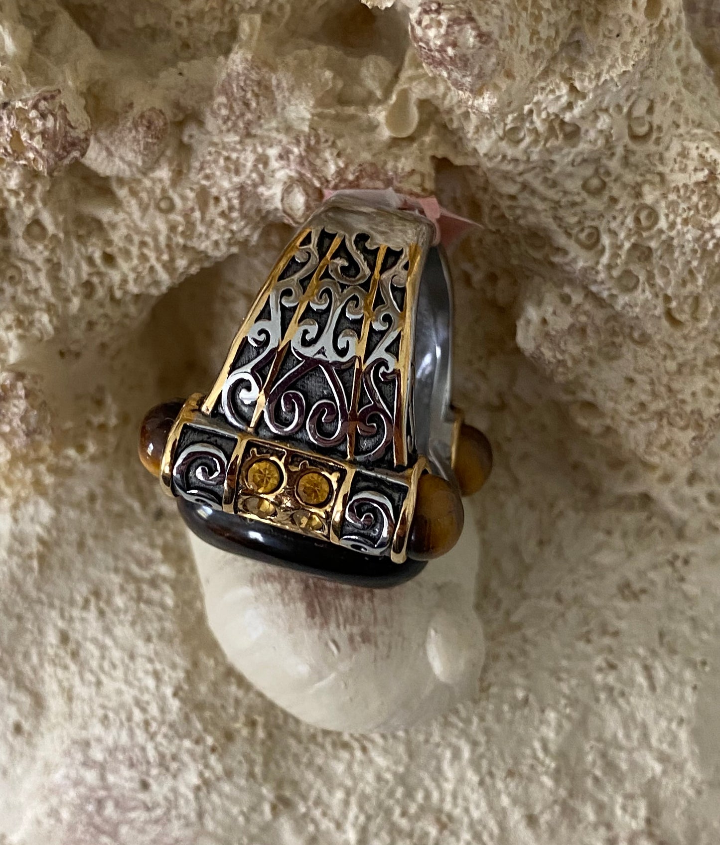 Tiger's Eye & Austrian Chrystals Stainless Steel Ring