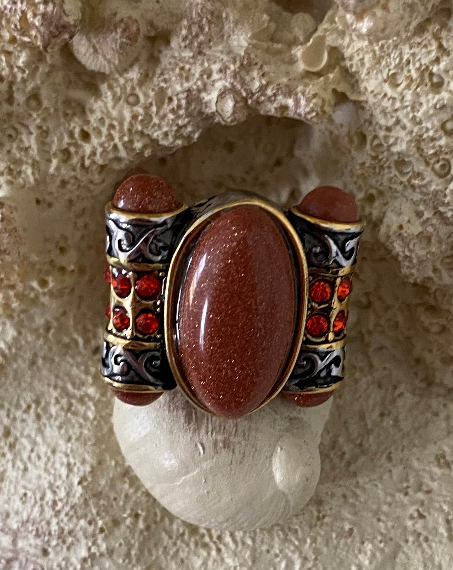 Red Goldstone & Austrian Chrystal Stainless Steel Ring