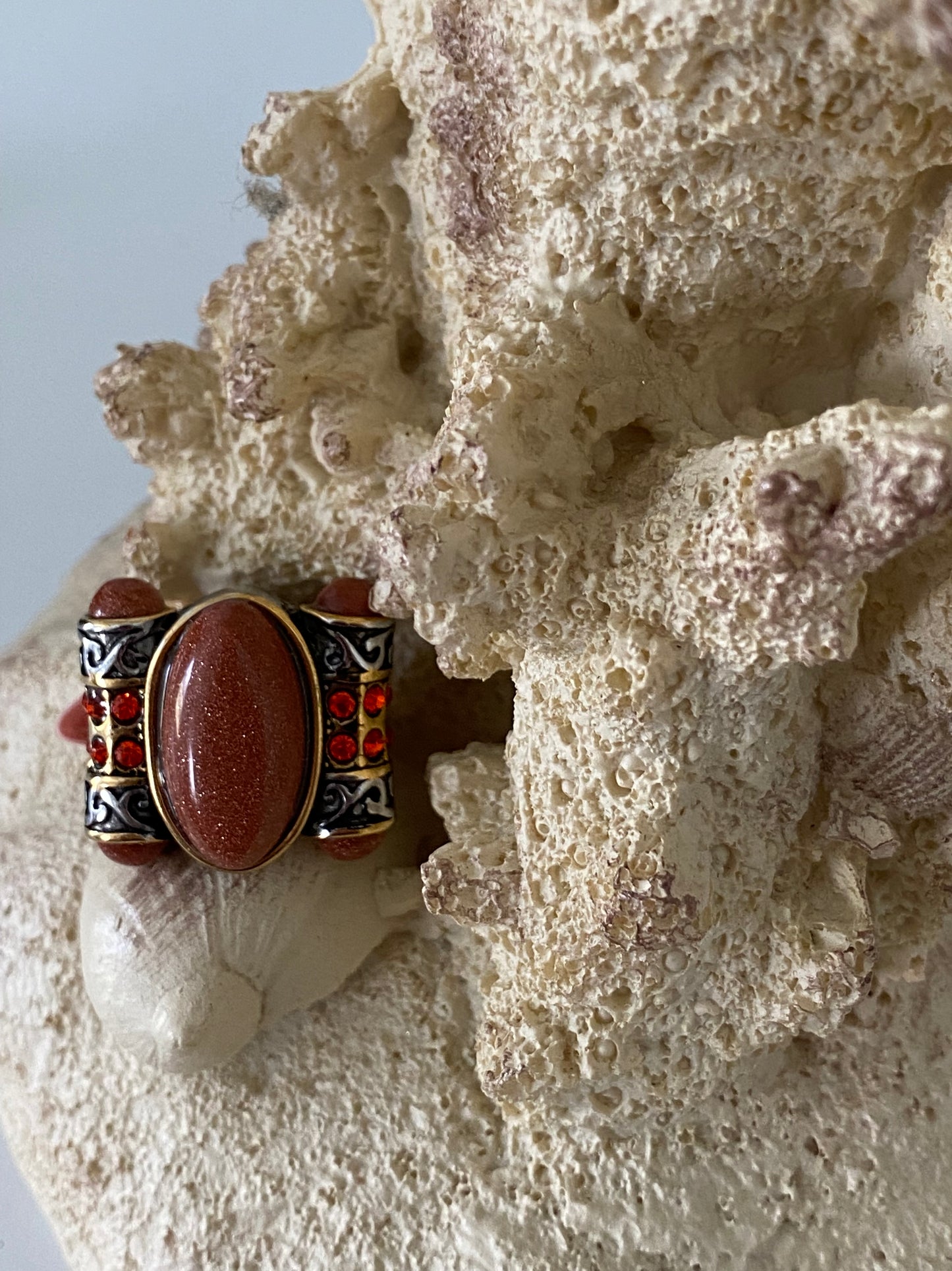 Red Goldstone & Austrian Chrystal Stainless Steel Ring