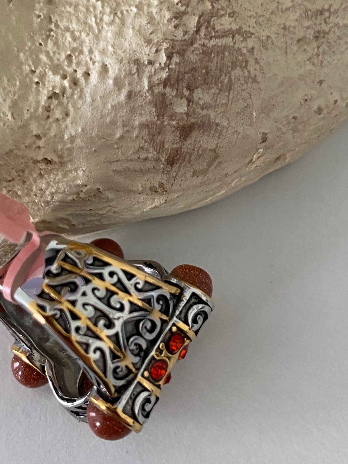 Red Goldstone & Austrian Chrystal Stainless Steel Ring