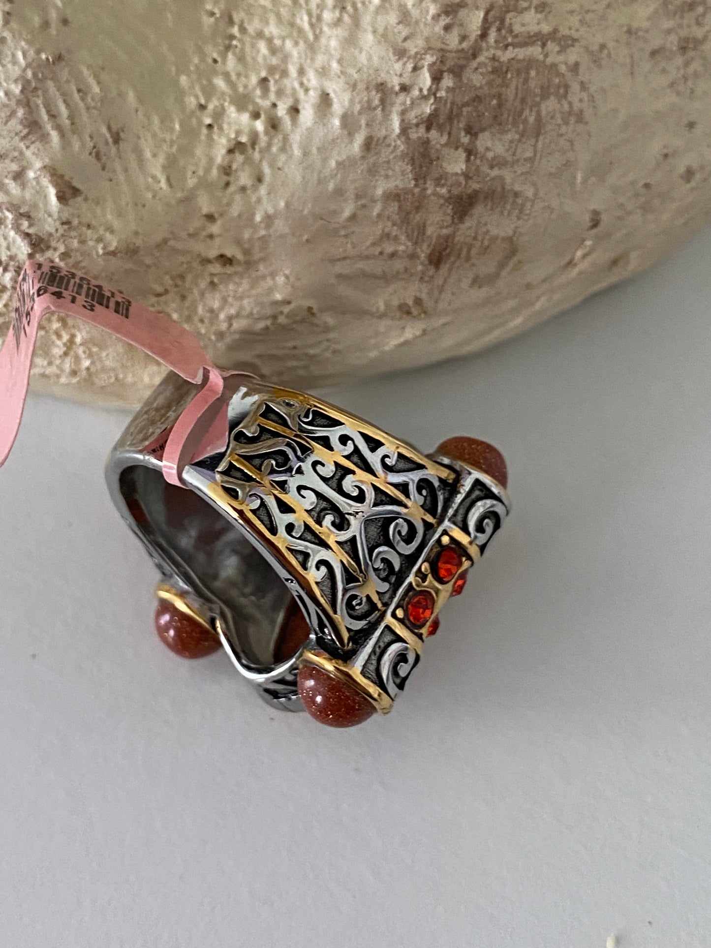 Red Goldstone & Austrian Chrystal Stainless Steel Ring