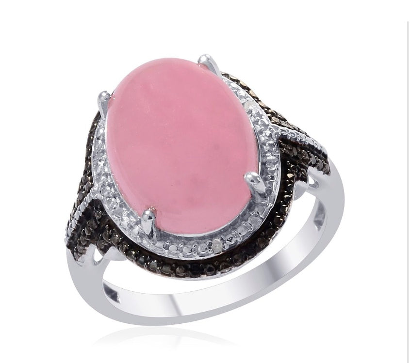Pink Jade (D) And Black Diamond 925 Sterling Silver Ring