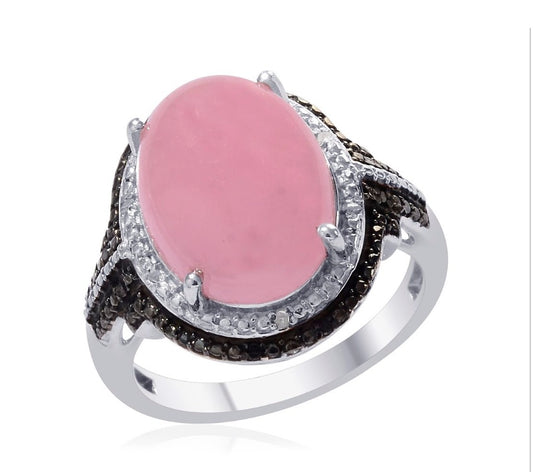 Pink Jade (D) And Black Diamond 925 Sterling Silver Ring