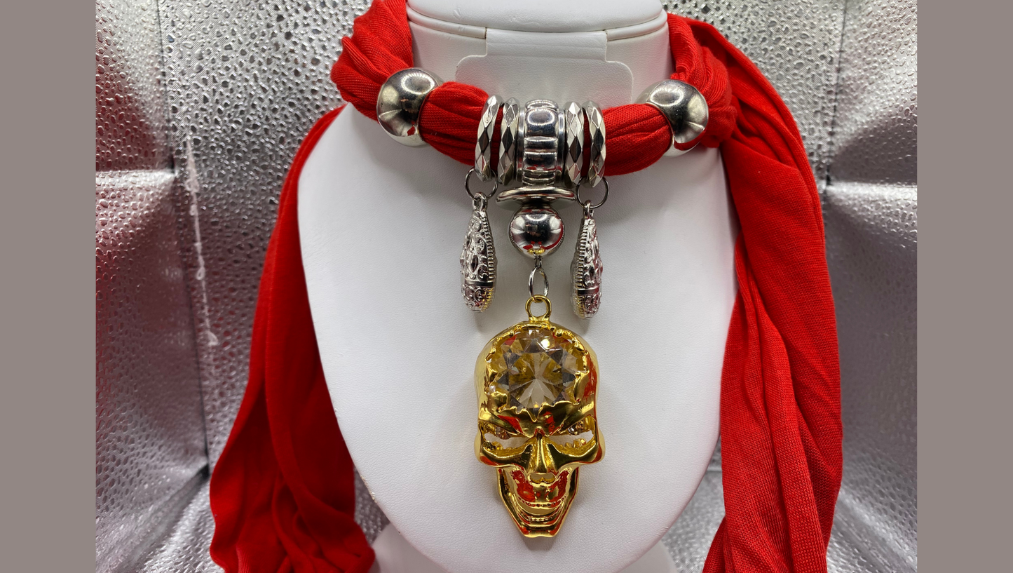 Red Scarf With Decorative Skull Middle Piece