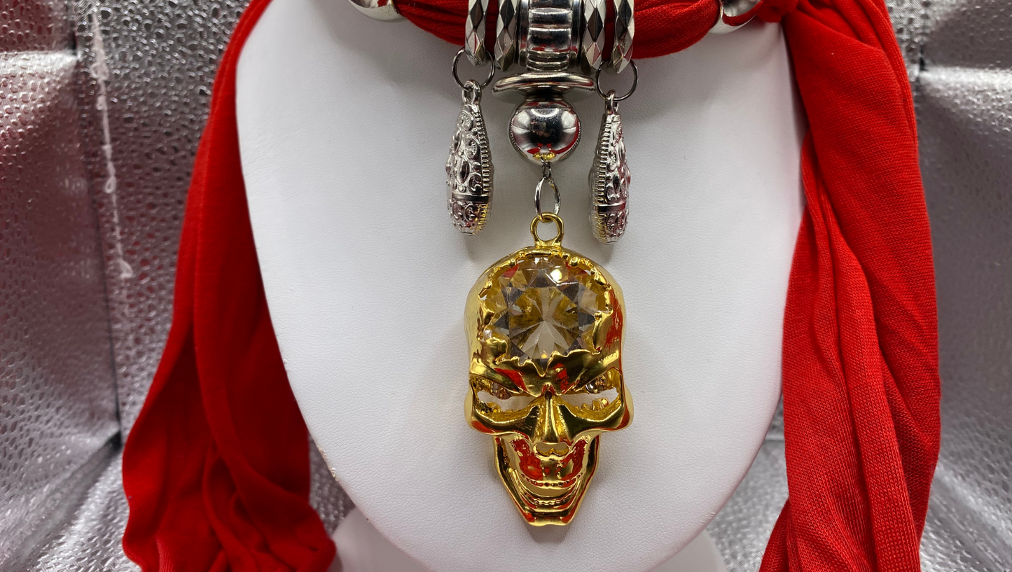 Red Scarf With Decorative Skull Middle Piece