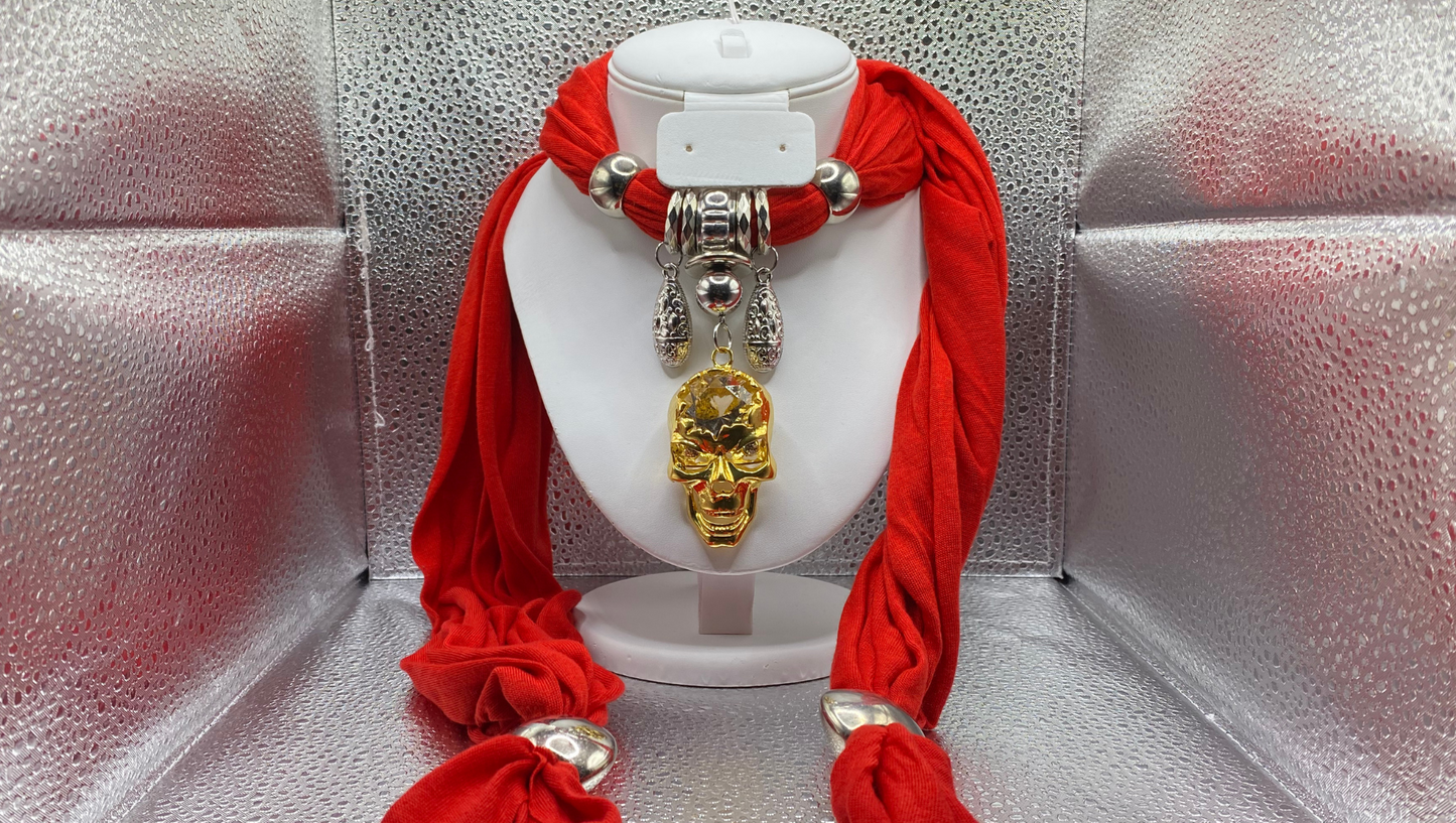 Red Scarf With Decorative Skull Middle Piece