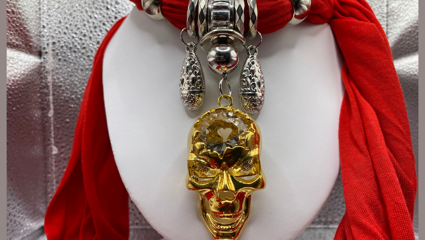 Red Scarf With Decorative Skull Middle Piece