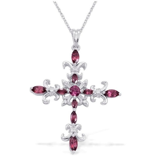 Orissa Rhodolite Garnet Large Cross Silver Pendant With Chain