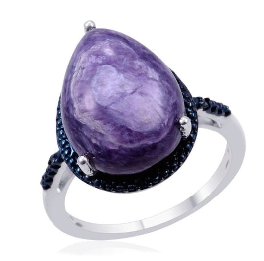 Siberian Charoite & Blue Diamond Ring Platinum Over Sterling Silver